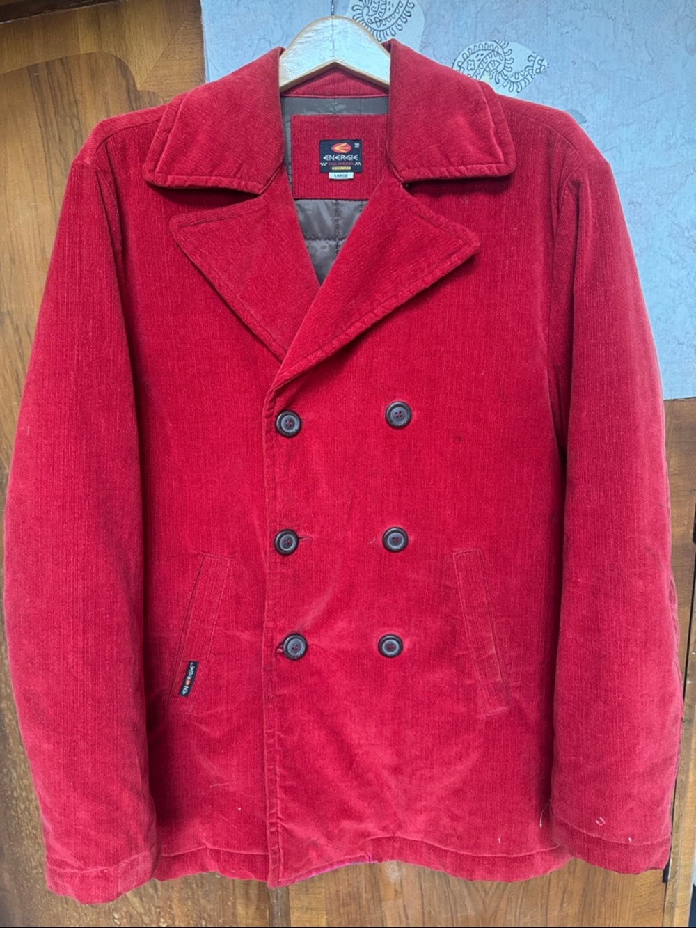 Energie Red Corduroy Double-Breasted Pea Coat Large
